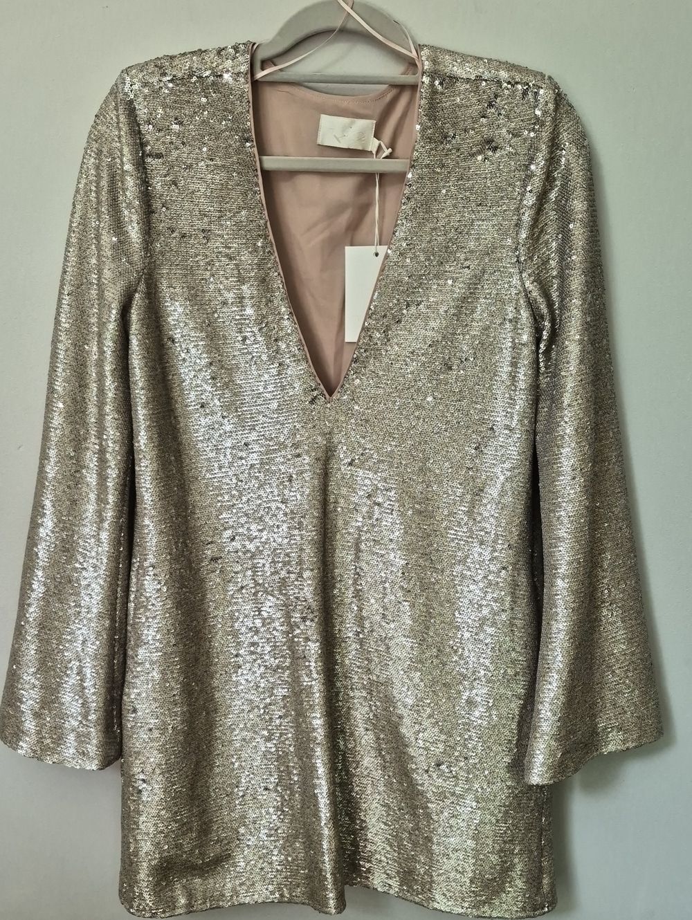 Revolve The Jetset Diaries Party Dress Gold Sequin Pockets Bell Sleeve Dolly